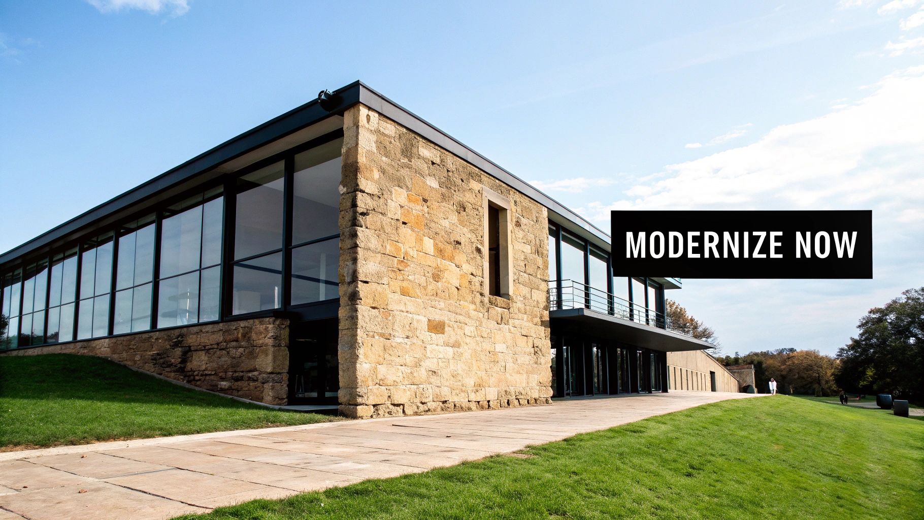 Modern stone and glass building with contemporary architecture showcasing business technology transformation