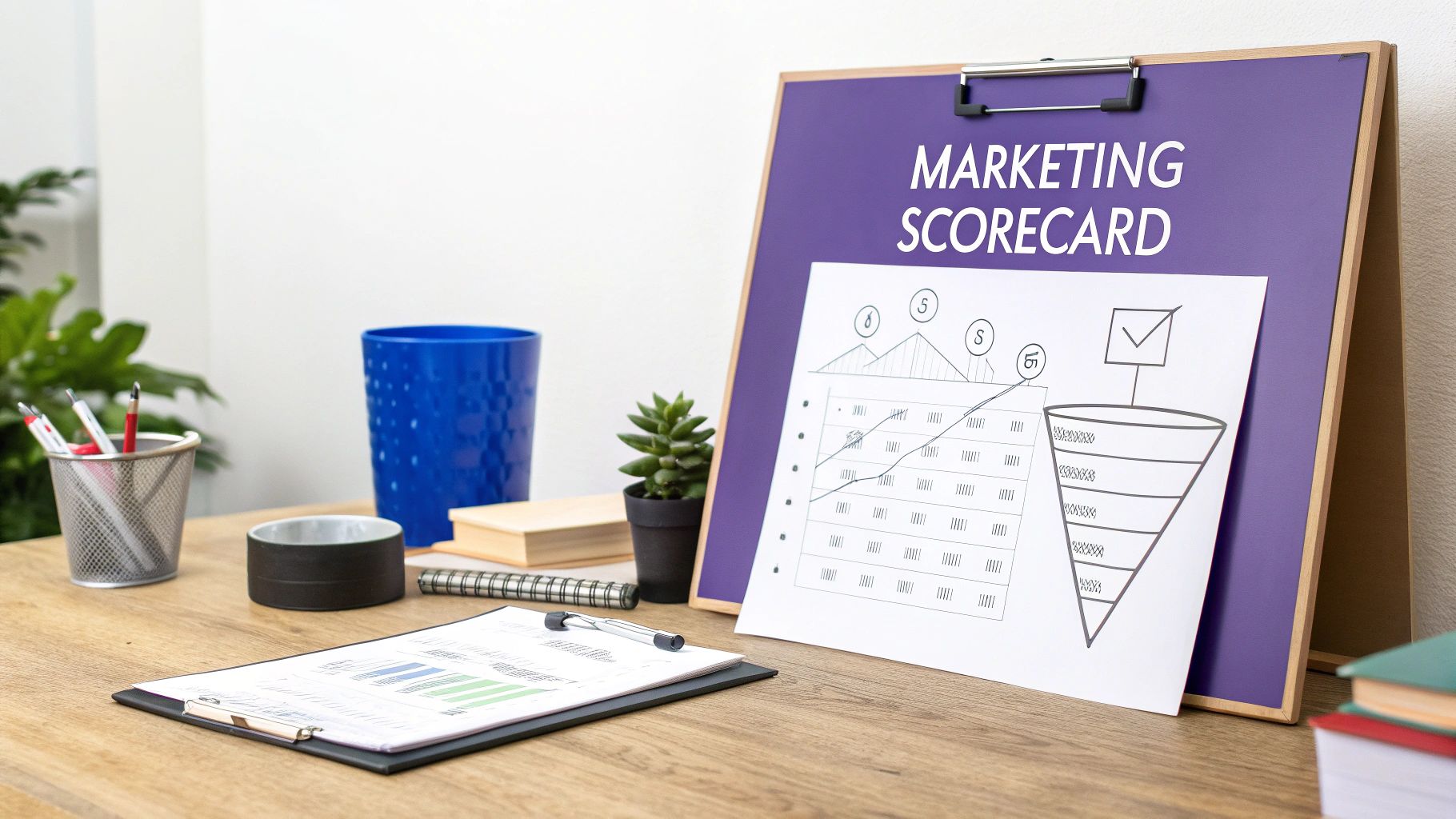 A desk with a purple 'MARKETING SCORECARD' board displaying graphs and a marketing funnel.