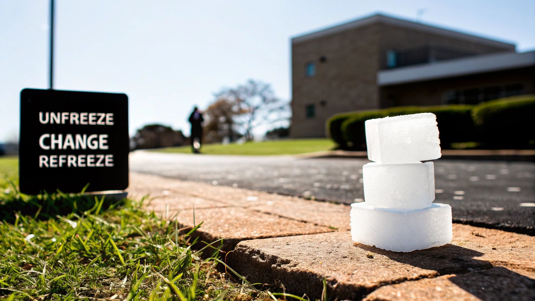 Stack of white foam discs beside unfreeze change refreeze sign illustrating change management process