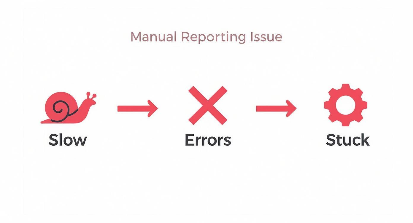 A red snail, cross mark, and gear illustrate manual reporting issues: slow, errors, and stuck.