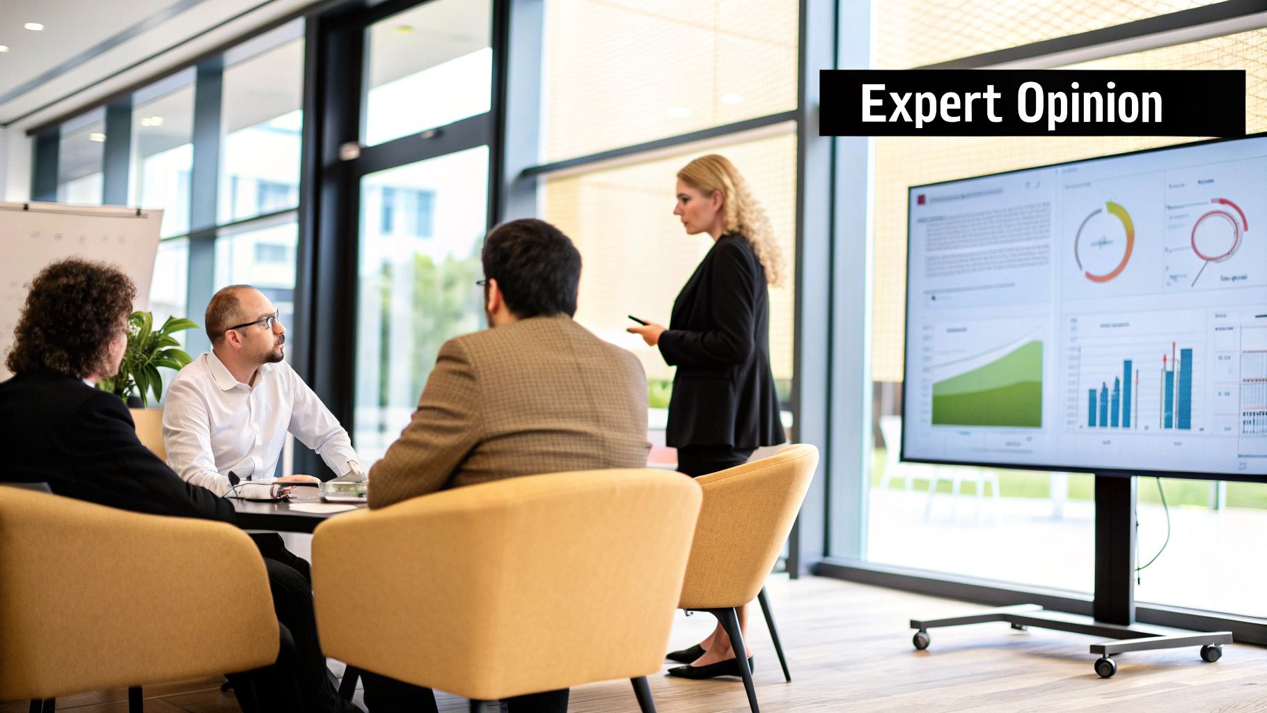 Group of professionals in a meeting discussing qualitative forecasting methods