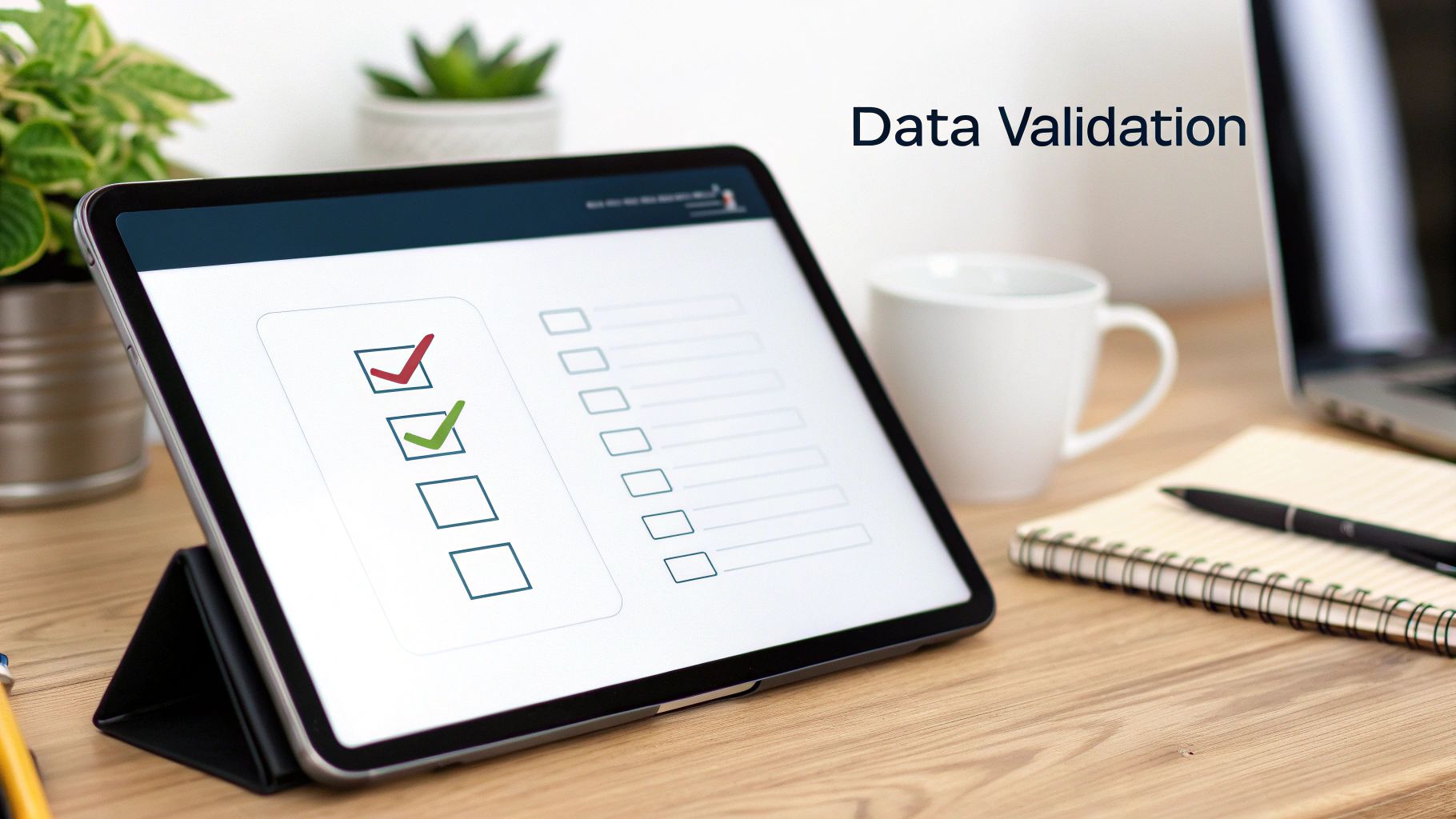 A tablet on a wooden desk displays a 'Data Validation' checklist with checkmarks, alongside office items.