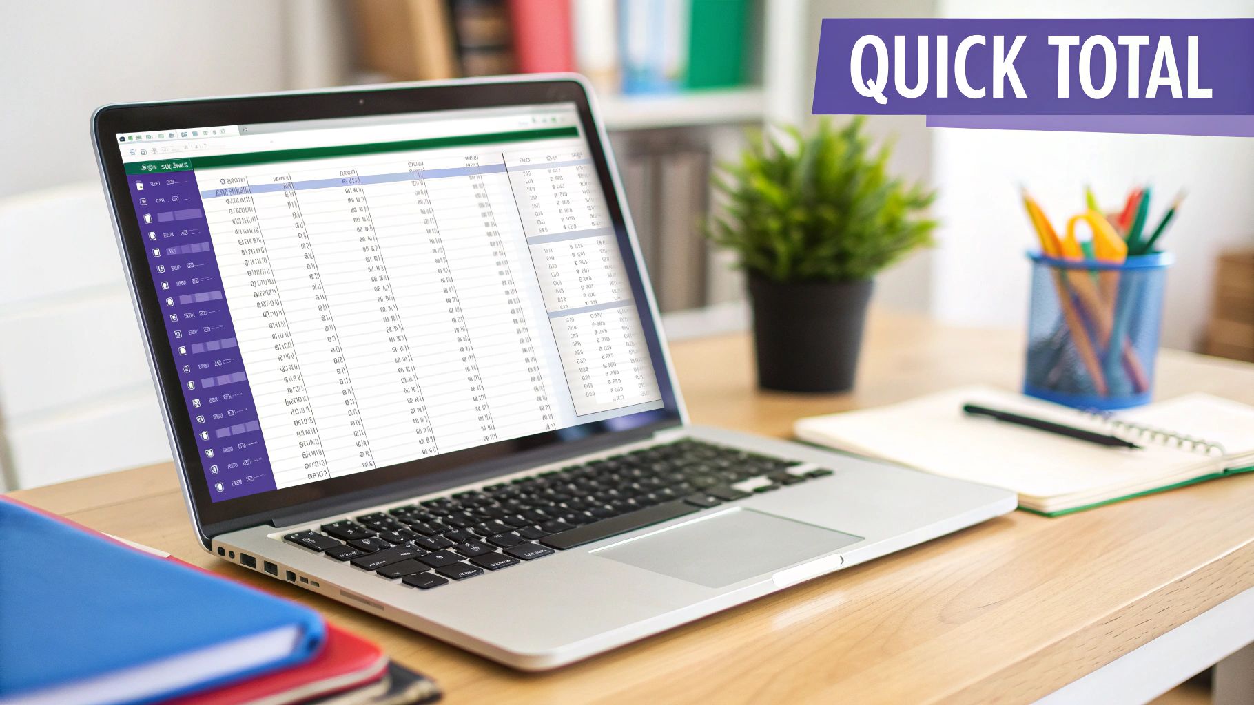 A laptop displays an Excel spreadsheet with financial data, on a desk with a plant and office supplies.