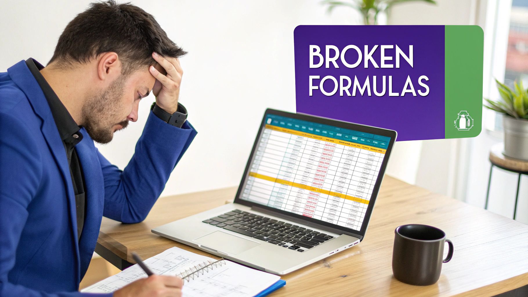 Stressed man in a blue suit reviews a laptop showing a spreadsheet, with a 'BROKEN FORMULAS' sign.
