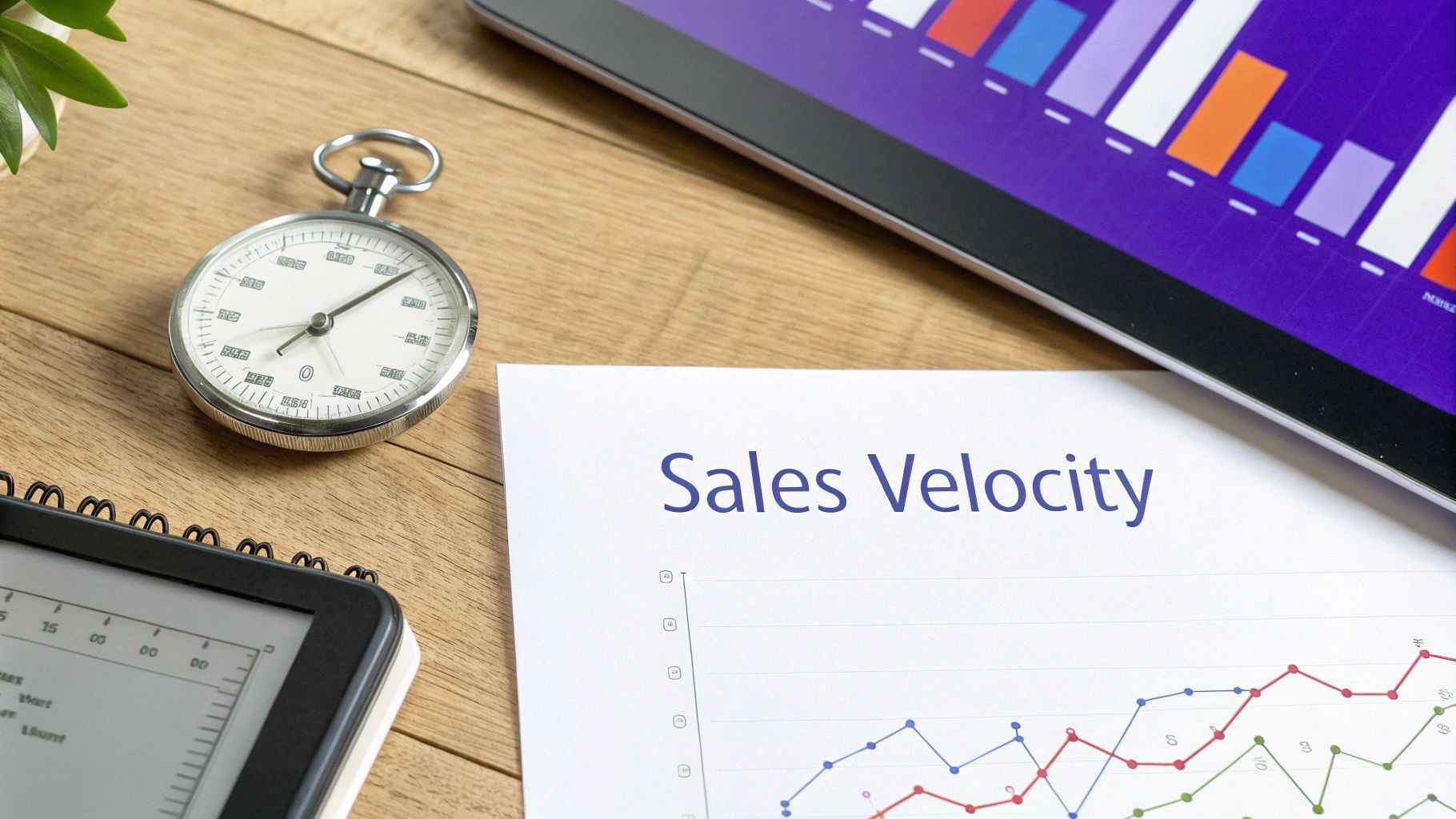 A Sales Velocity document with graphs, a stopwatch, and a tablet on a wooden desk, illustrating business analytics.