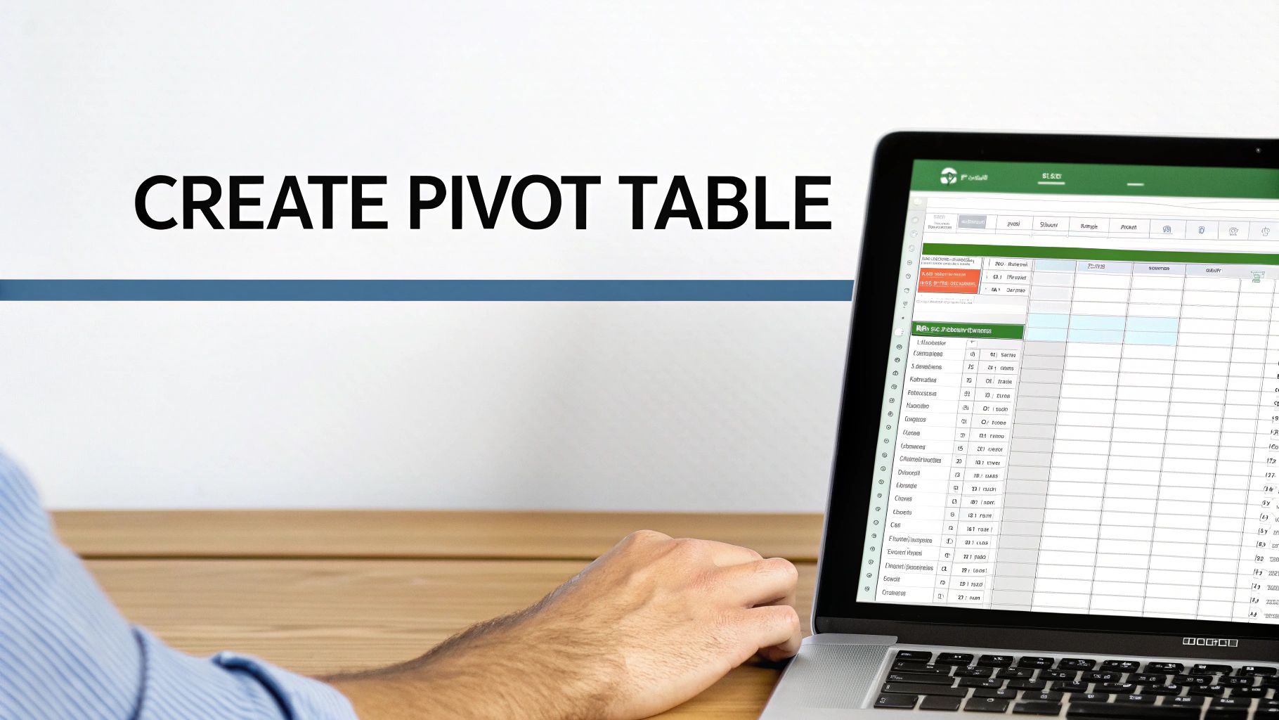 A person's hand interacts with a laptop showing an Excel pivot table tutorial on screen.