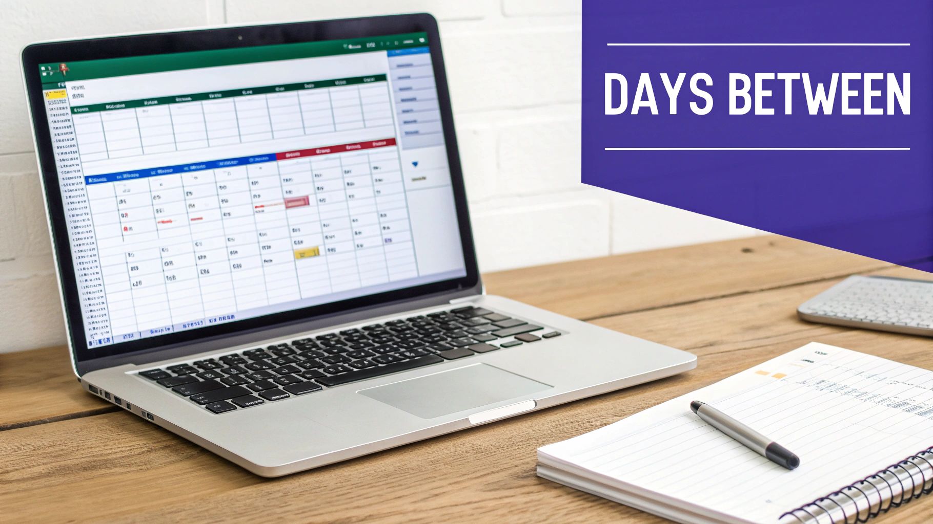 A laptop displaying a spreadsheet on a wooden desk with a notebook and pen. Text: DAYS BETWEEN.