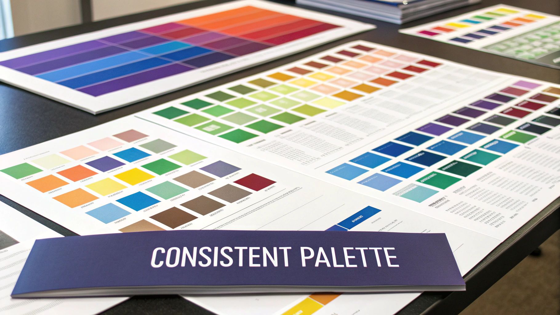 Close-up of a desk with multiple color palette charts, swatches, and a 'Consistent Palette' booklet.