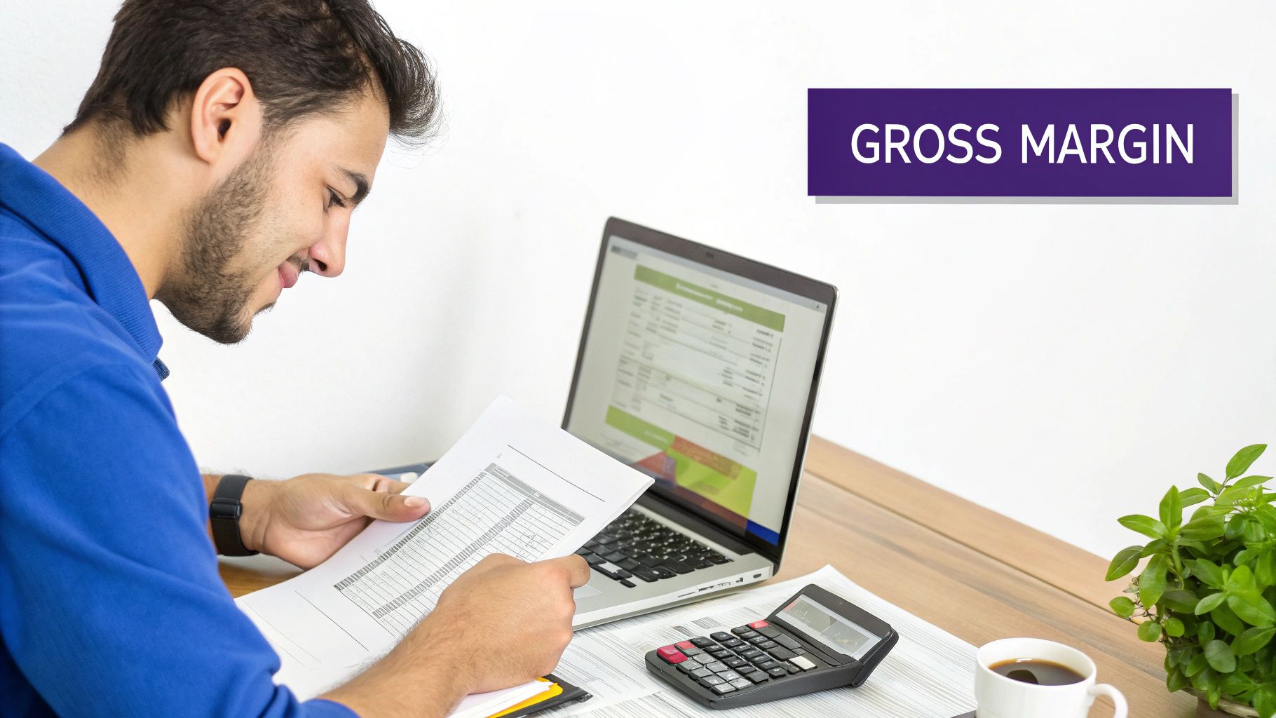 A man in a blue shirt calculates gross margin on paper with a laptop and calculator.