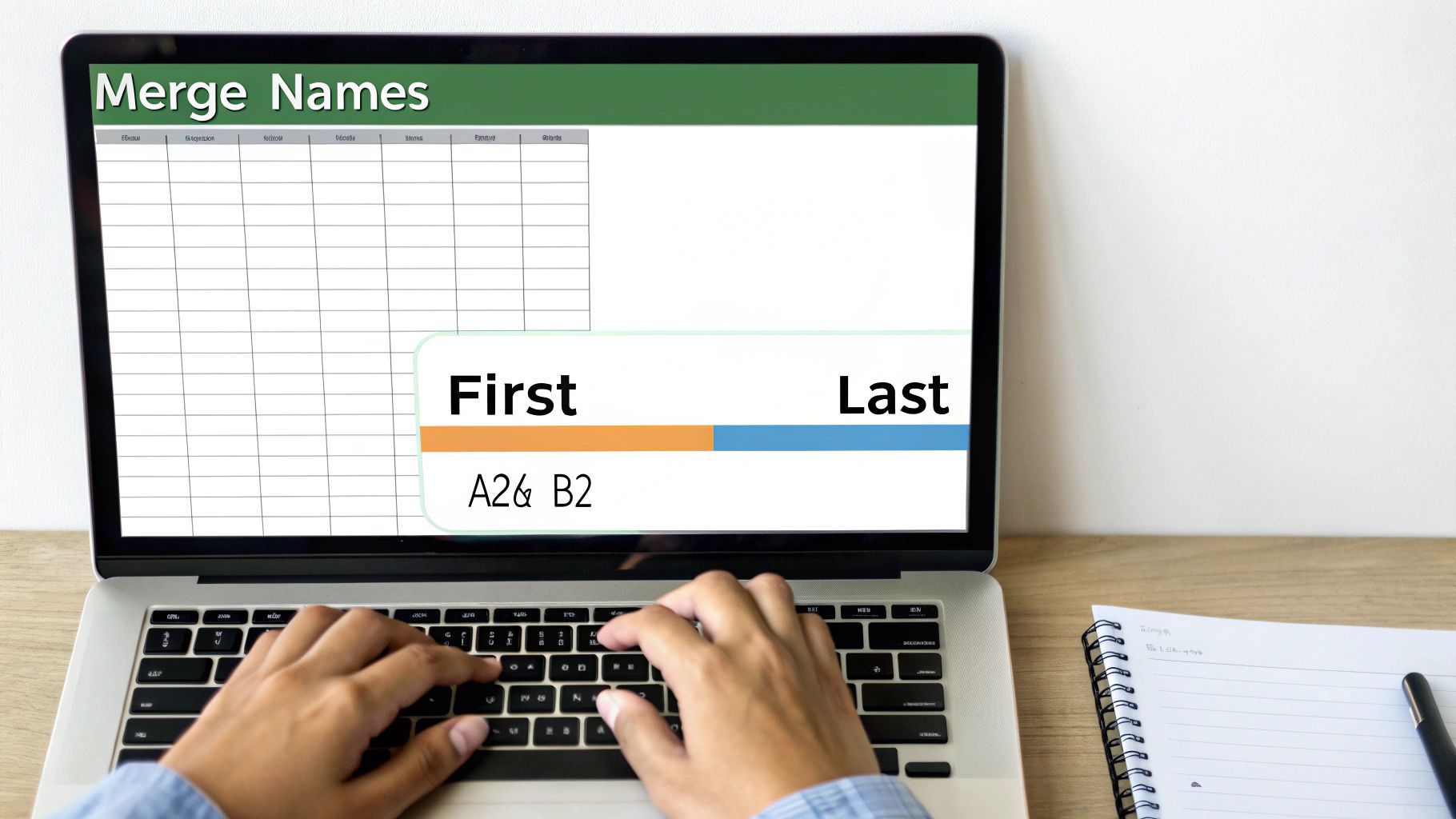 Hands typing on a laptop screen displaying a spreadsheet application with 'Merge Names' and a formula 'A2 & B2' to combine first and last names.