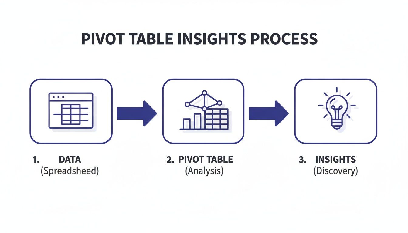 A flowchart illustrating the pivot table insights process: data input, pivot table analysis, and discovery of insights.