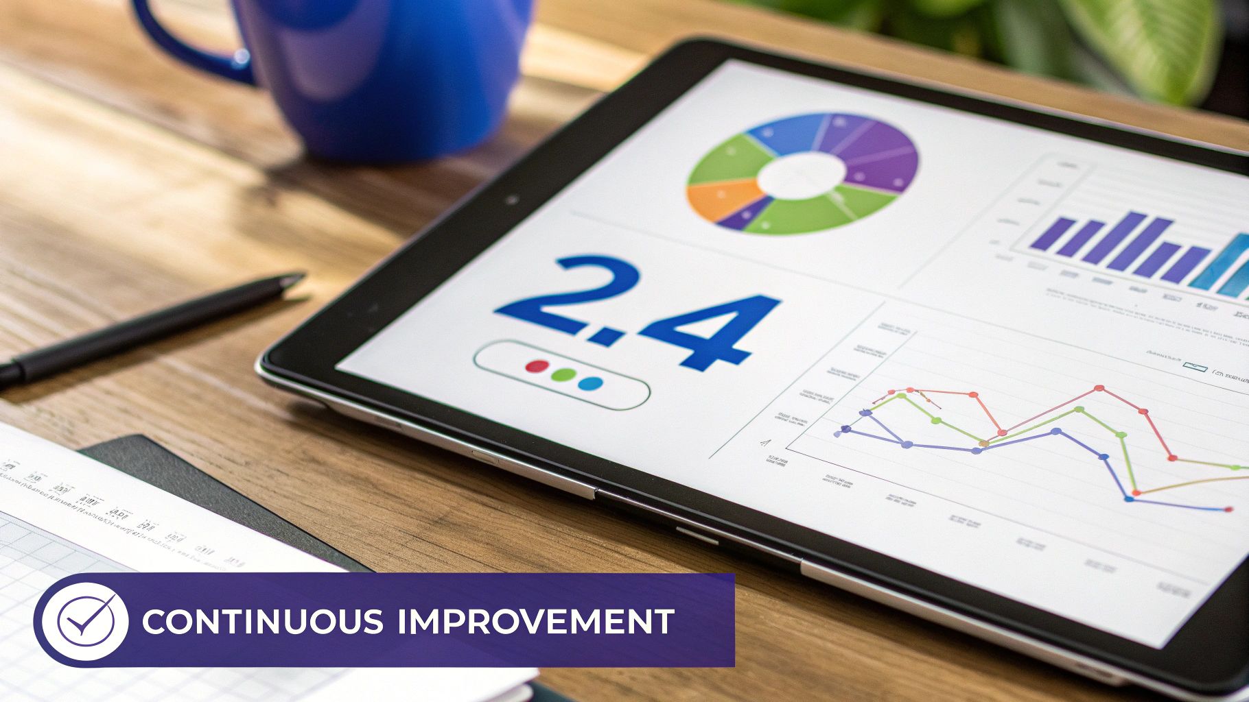 A tablet displays colorful business charts and data on a wooden desk, symbolizing continuous improvement.