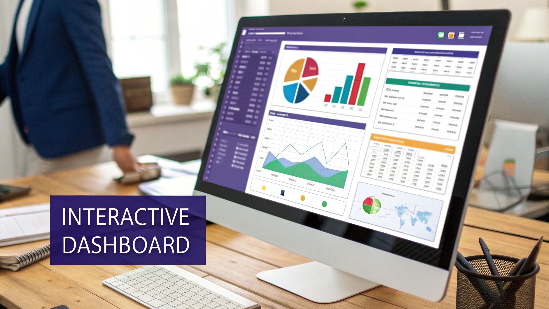 A computer screen displays an interactive business dashboard with various charts and tables on a wooden desk.