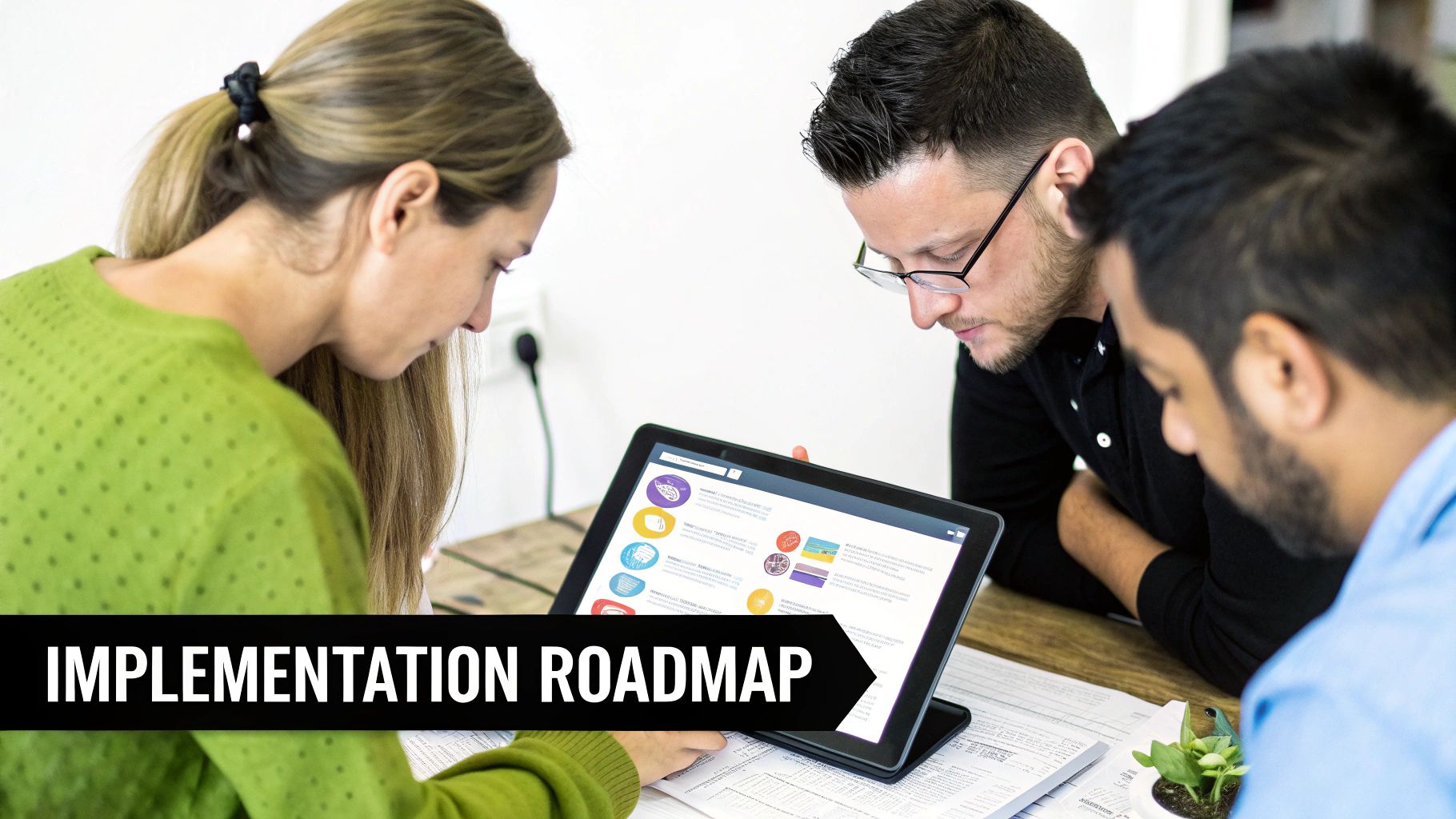 Three colleagues reviewing an implementation roadmap on a tablet, collaborating in an office setting.