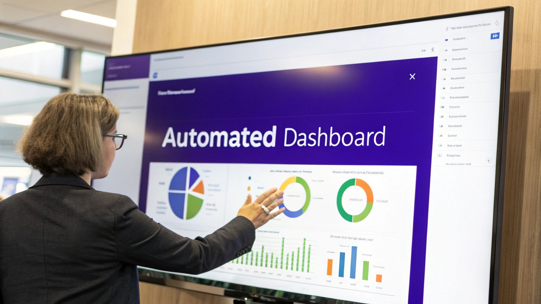 Businesswoman in glasses pointing at an automated data dashboard with charts during a presentation.