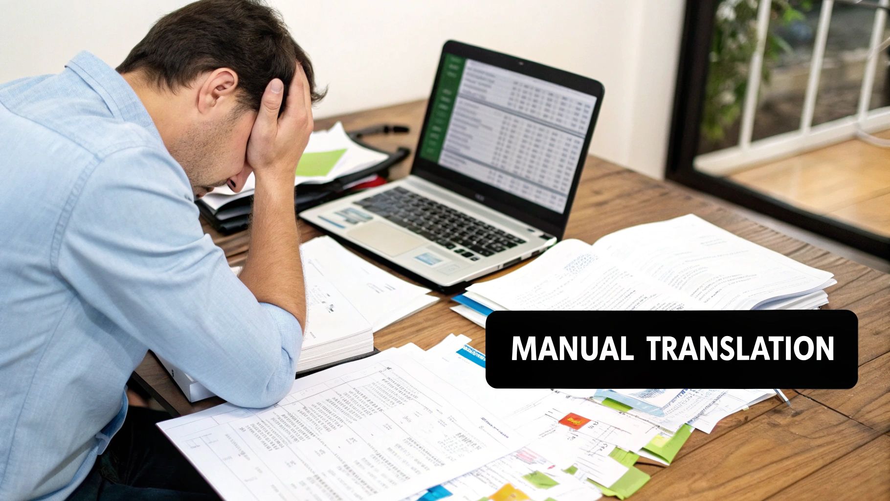 A stressed man with his head in his hands, surrounded by documents and a laptop, struggling with manual translation.