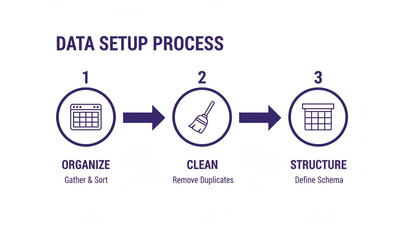 Diagram illustrating the three-step data setup process: Organize (gather and sort), Clean (remove duplicates), and Structure (define schema).