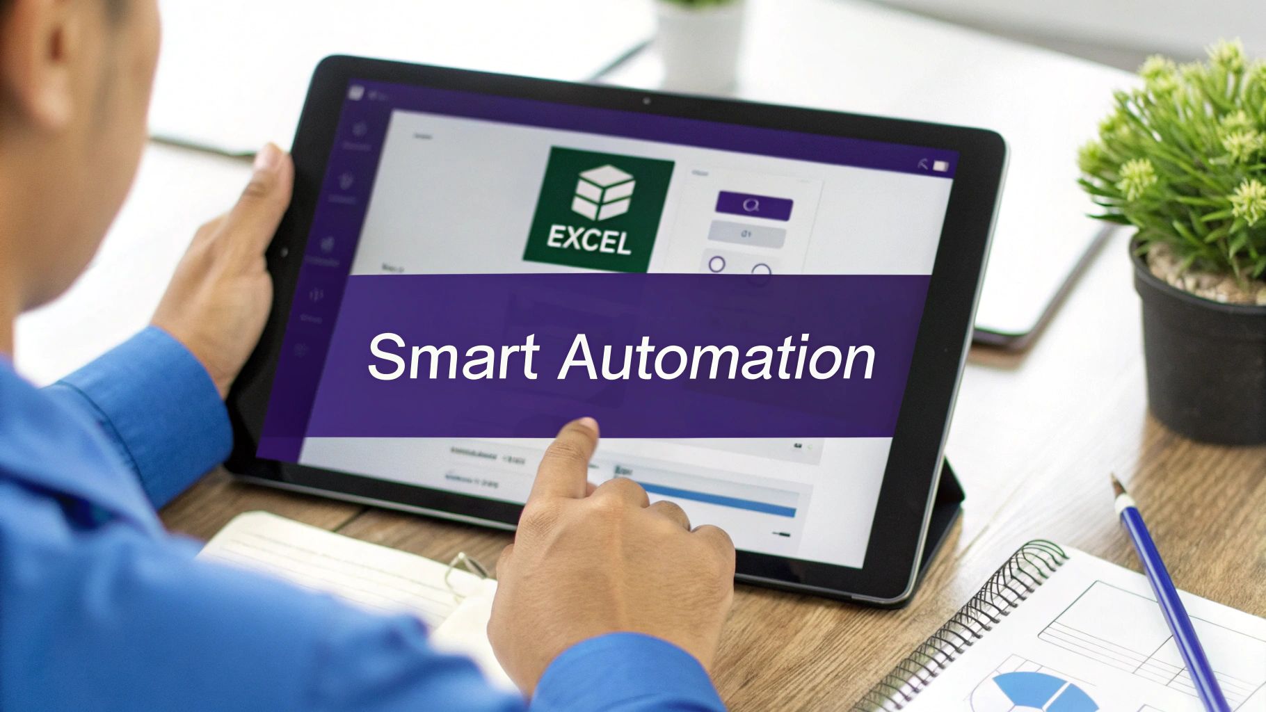 A user pointing at a tablet displaying "Smart Automation" and the Excel software logo.