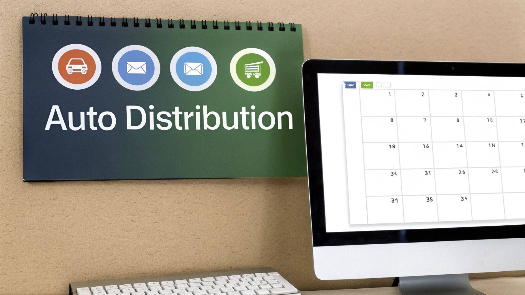 A 'Auto Distribution' notebook with icons hangs above a desk with a computer displaying a calendar.
