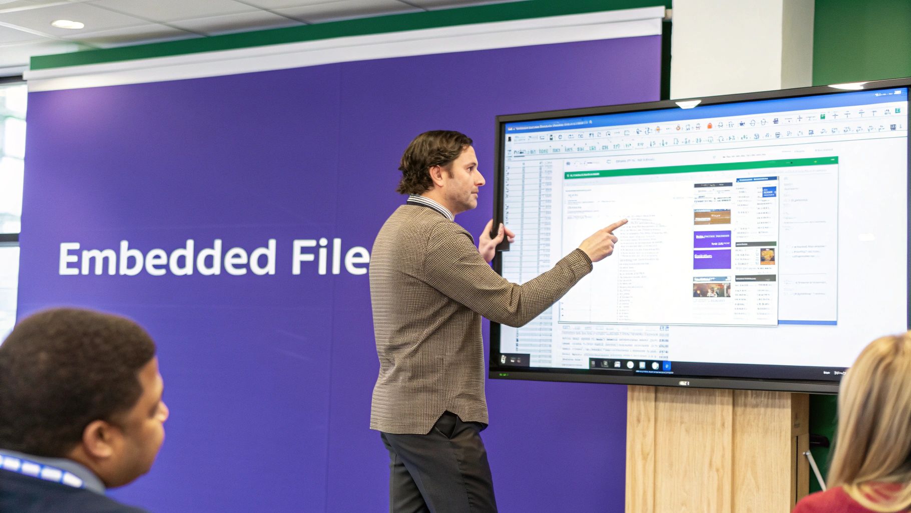 A man presents a large screen displaying embedded data, with 'Embedded File' on a purple backdrop.