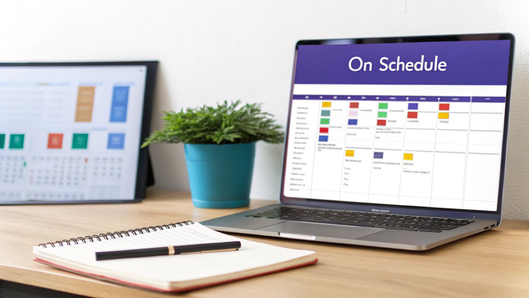A laptop displaying a project schedule marked 'On Schedule', alongside a notebook, pen, and plant on a desk.