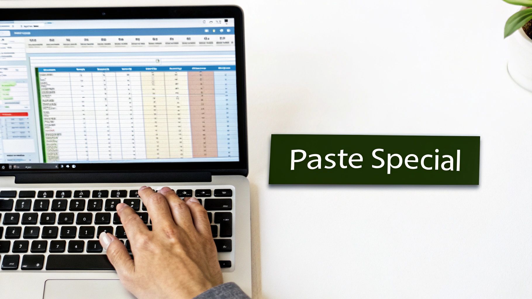A person's hands typing on a laptop displaying a spreadsheet, with a 'Paste Special' sign.