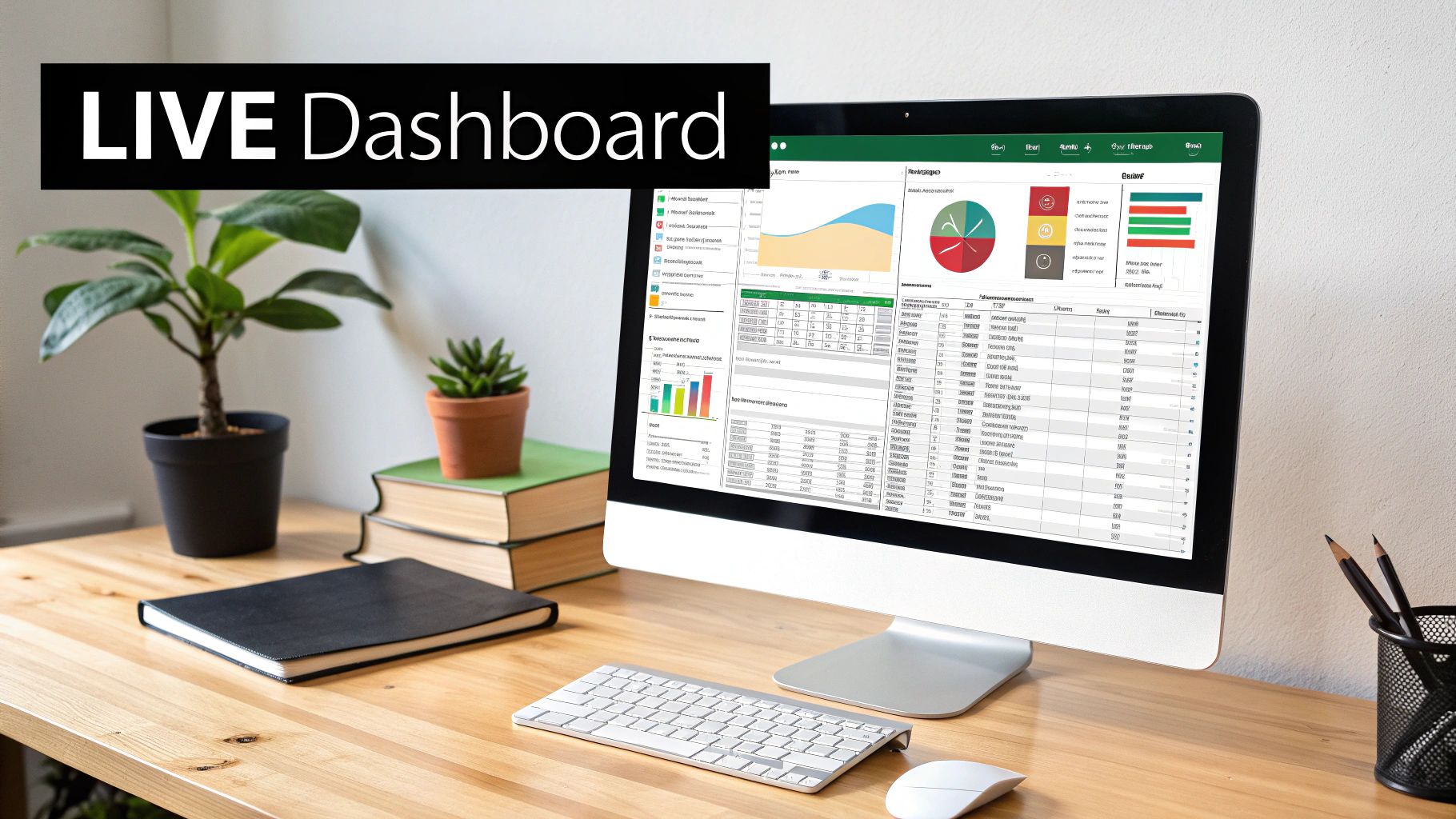 A clean office desk with a computer displaying a 'LIVE Dashboard' and data, alongside plants and books.