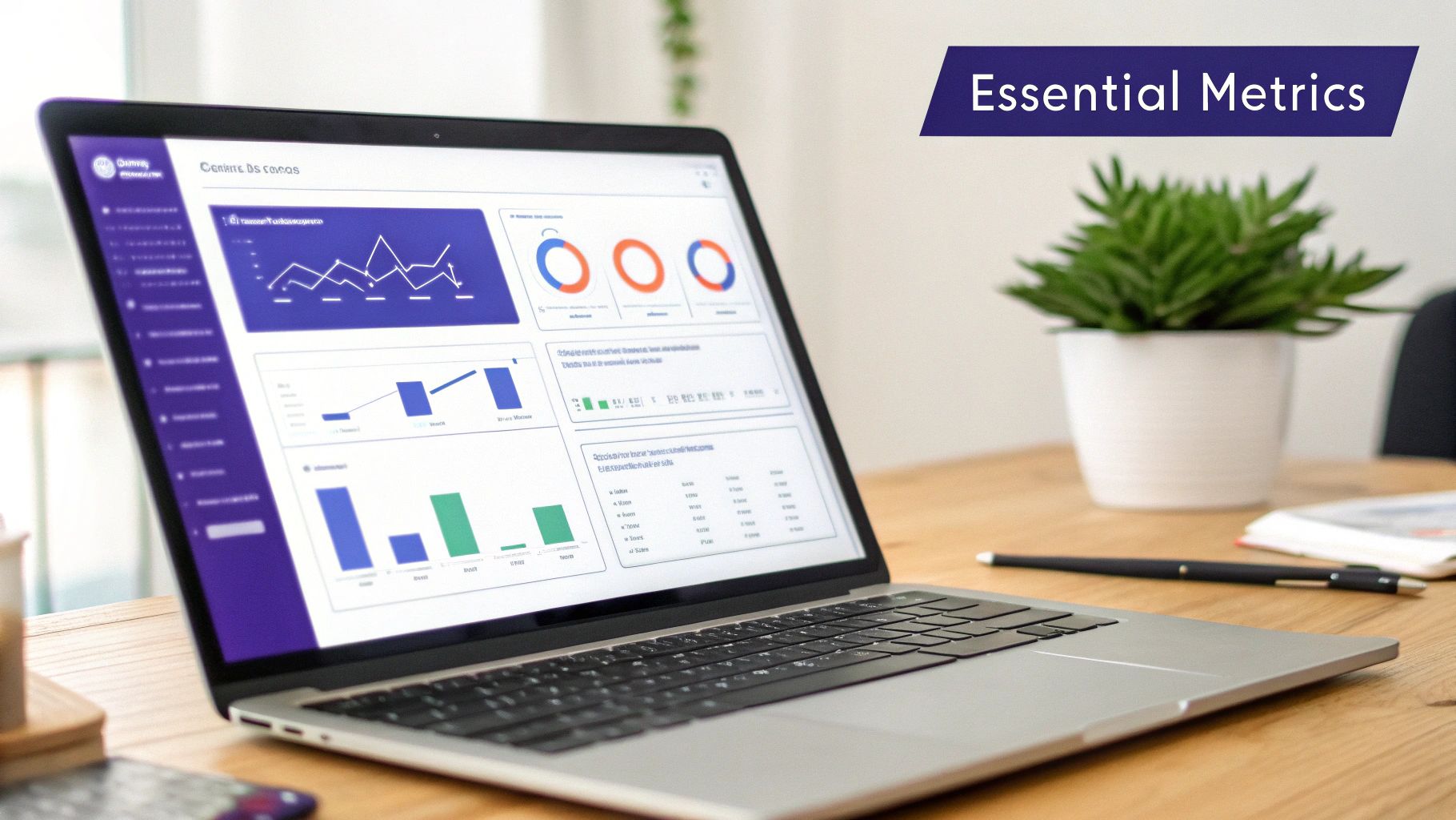A laptop displays a business dashboard with essential metrics, charts, and data on a wooden desk.