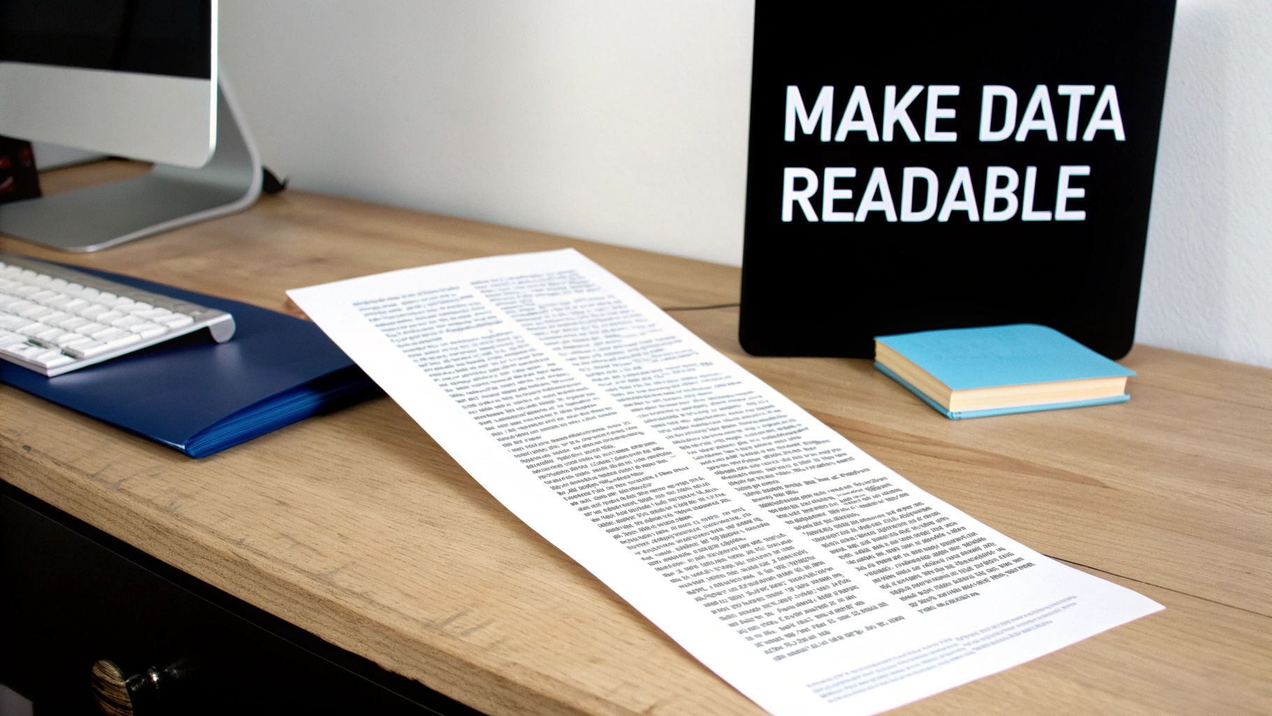 A minimalist desk setup with a computer, keyboard, documents, and a 'MAKE DATA READABLE' sign.