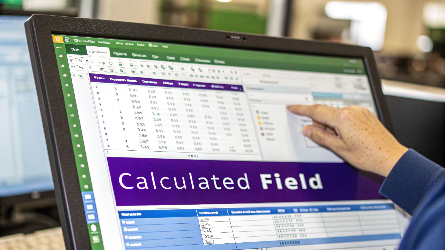 A person's hand touches a computer screen displaying a spreadsheet application with "Calculated Field" highlighted.