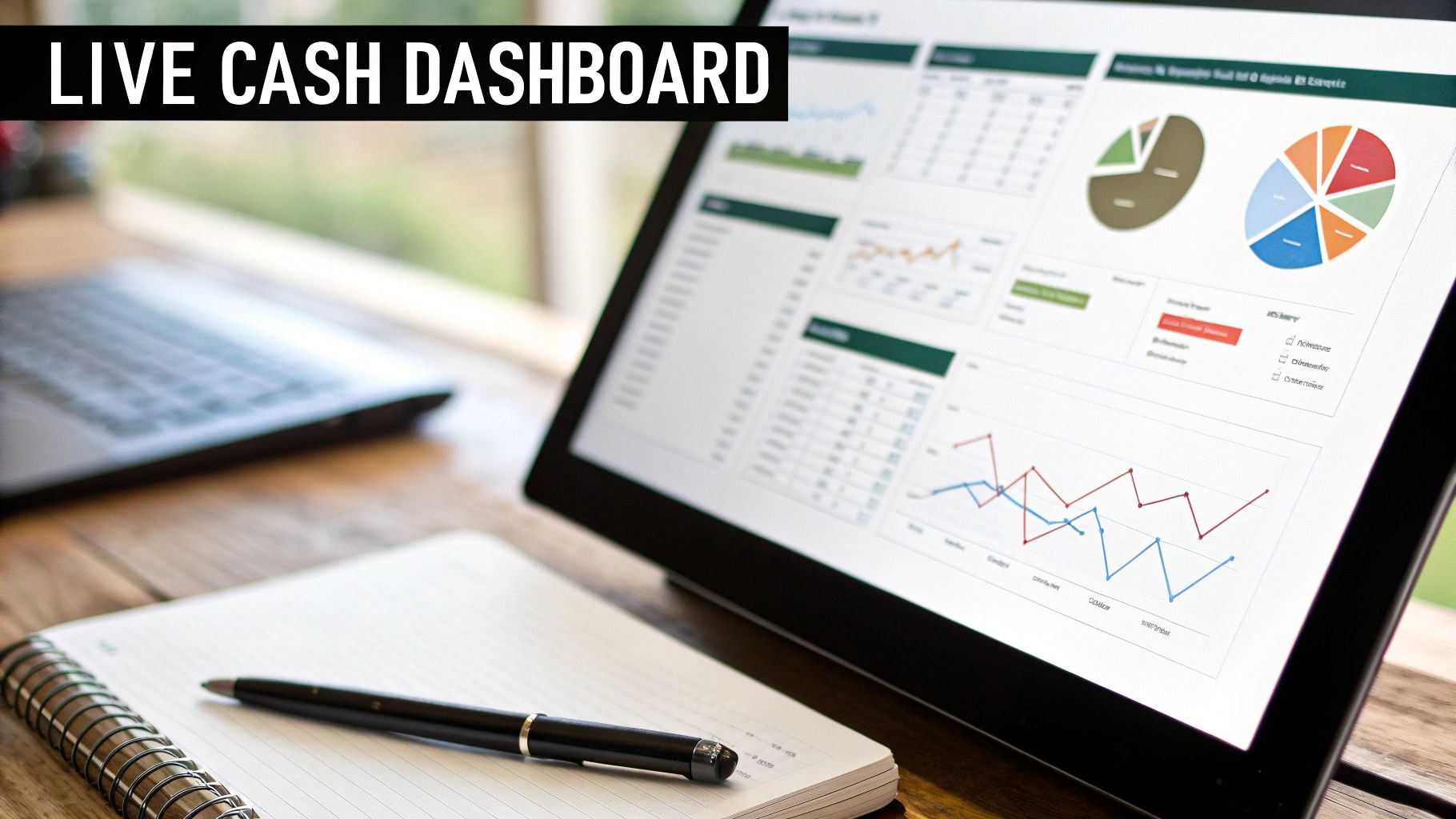 A person working on an Excel spreadsheet to build a cash flow dashboard, with various charts and graphs visible.