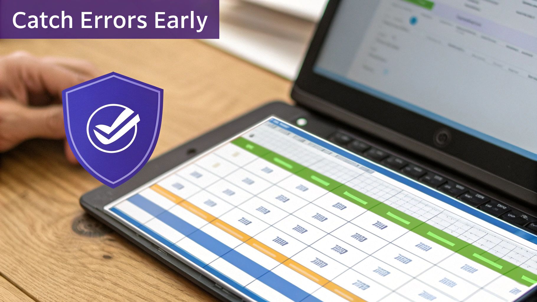 A tablet and laptop displaying spreadsheets, with a shield icon and the text 'Catch Errors Early'.
