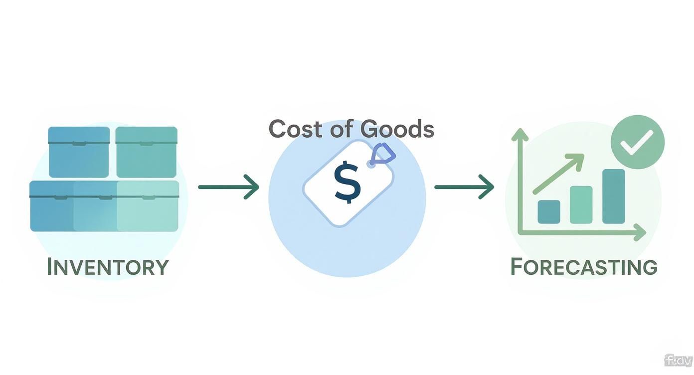 Diagram illustrating the business flow from inventory to cost of goods and forecasting.