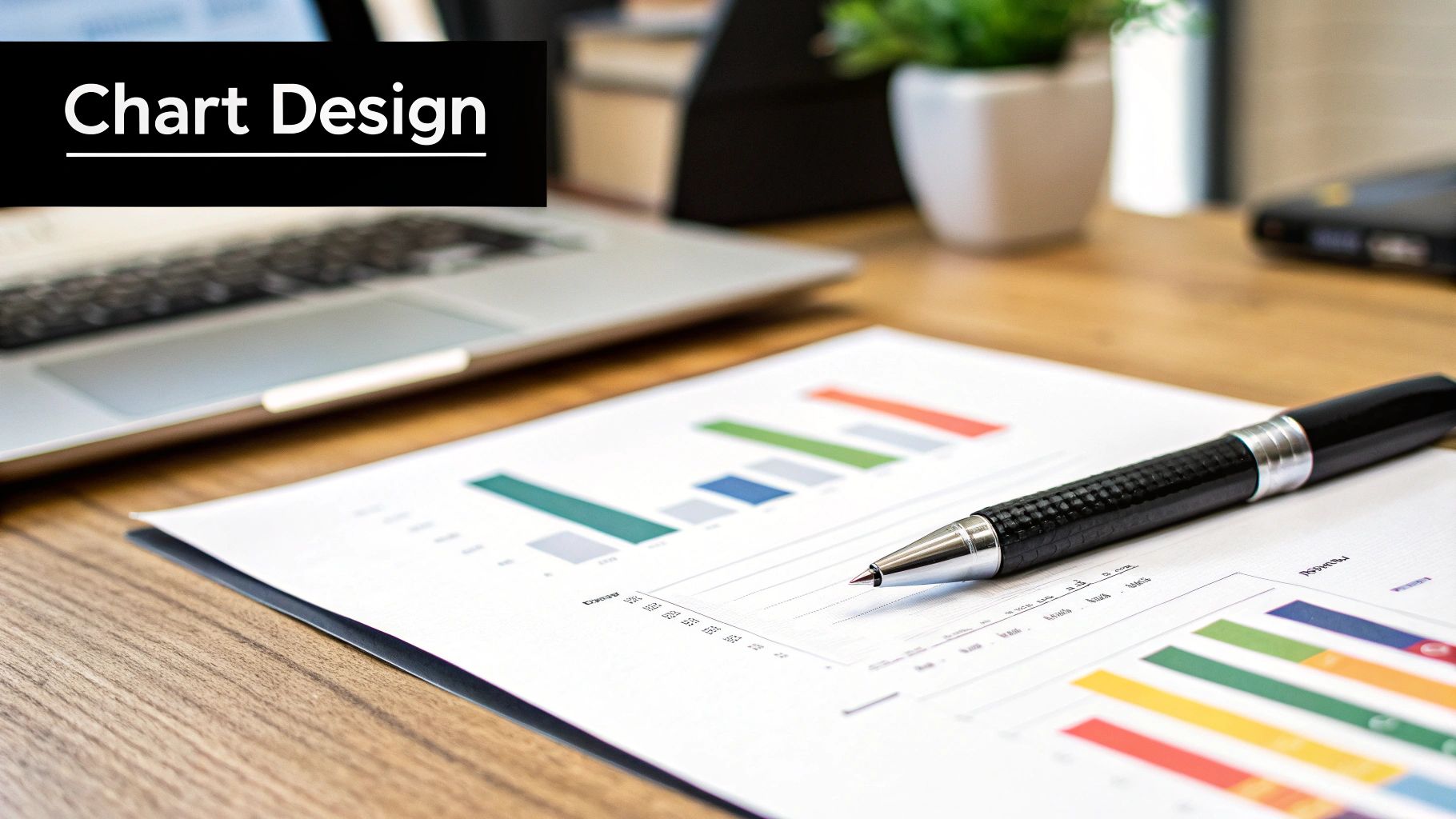 A close-up of a desk with a laptop, a pen, and a document displaying colorful bar charts.