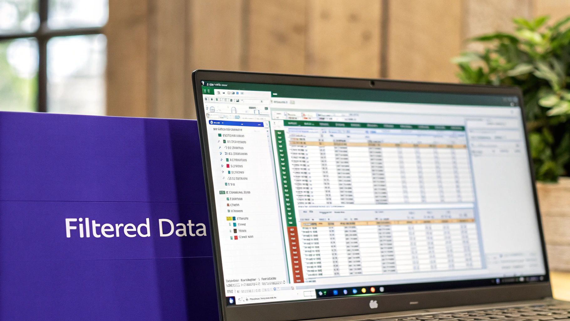 A laptop screen showing an Excel spreadsheet with filtered data and a 'Filtered Data' sign.