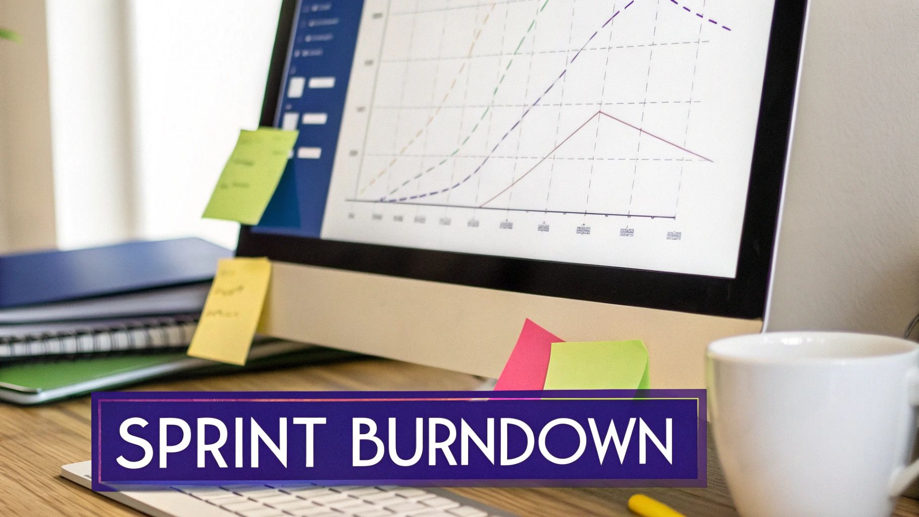 A computer monitor displays a sprint burndown chart with sticky notes, a keyboard, and coffee mug.