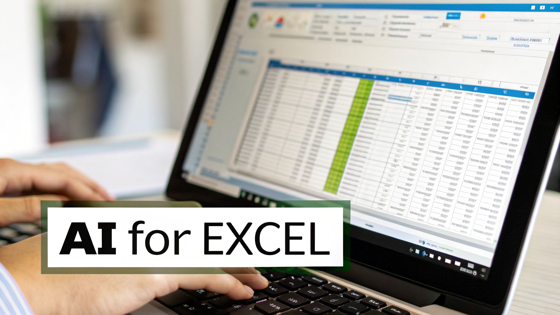 Hands typing on a laptop showing an Excel spreadsheet with the text 'AI for EXCEL'.