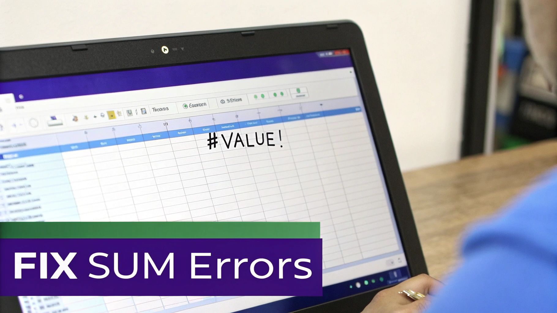 A person uses a laptop displaying a spreadsheet with a "#VALUE!" error and text "FIX SUM Errors".