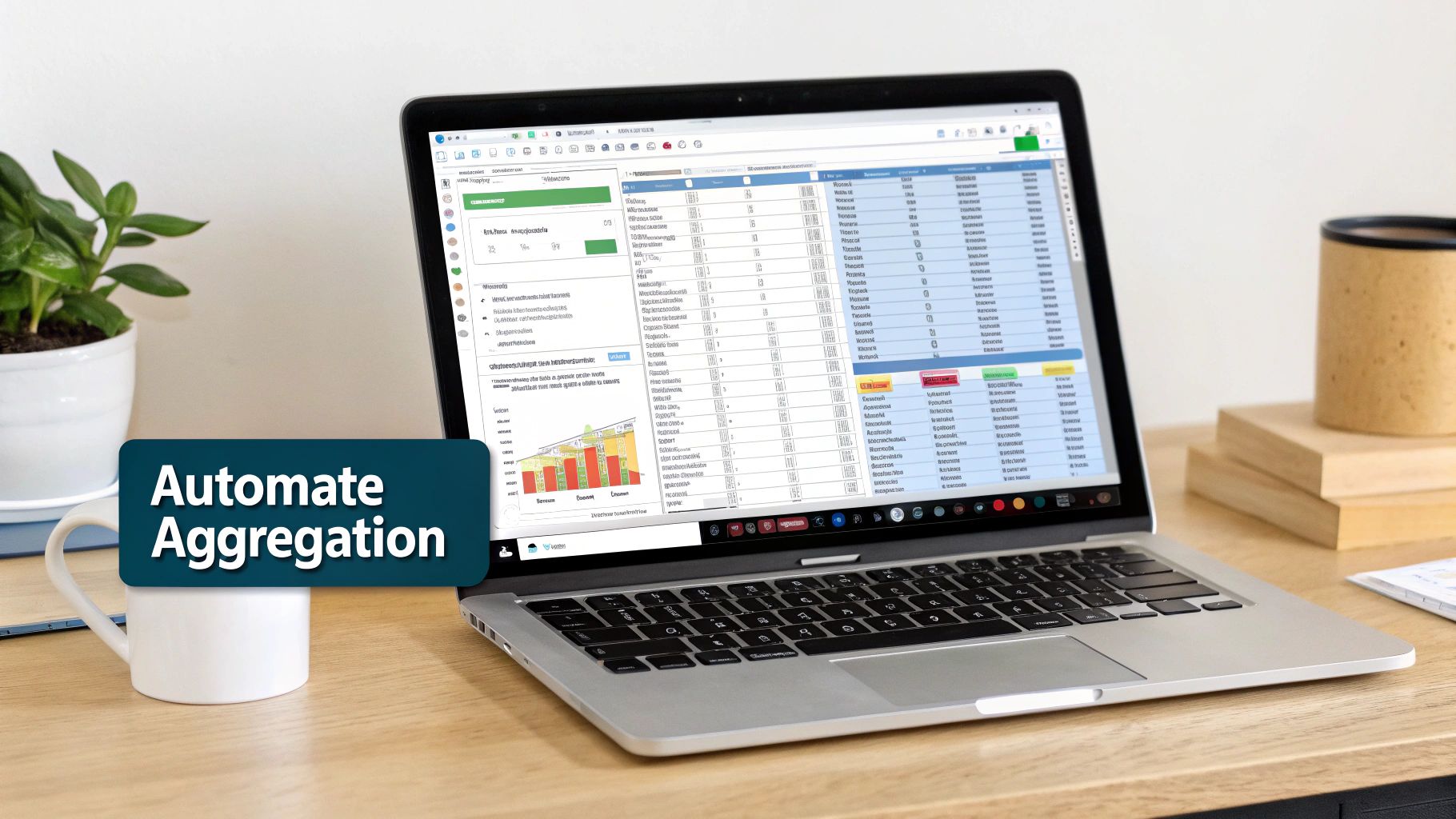 A laptop displays data aggregation software with charts and tables, emphasizing automation on a wooden desk.