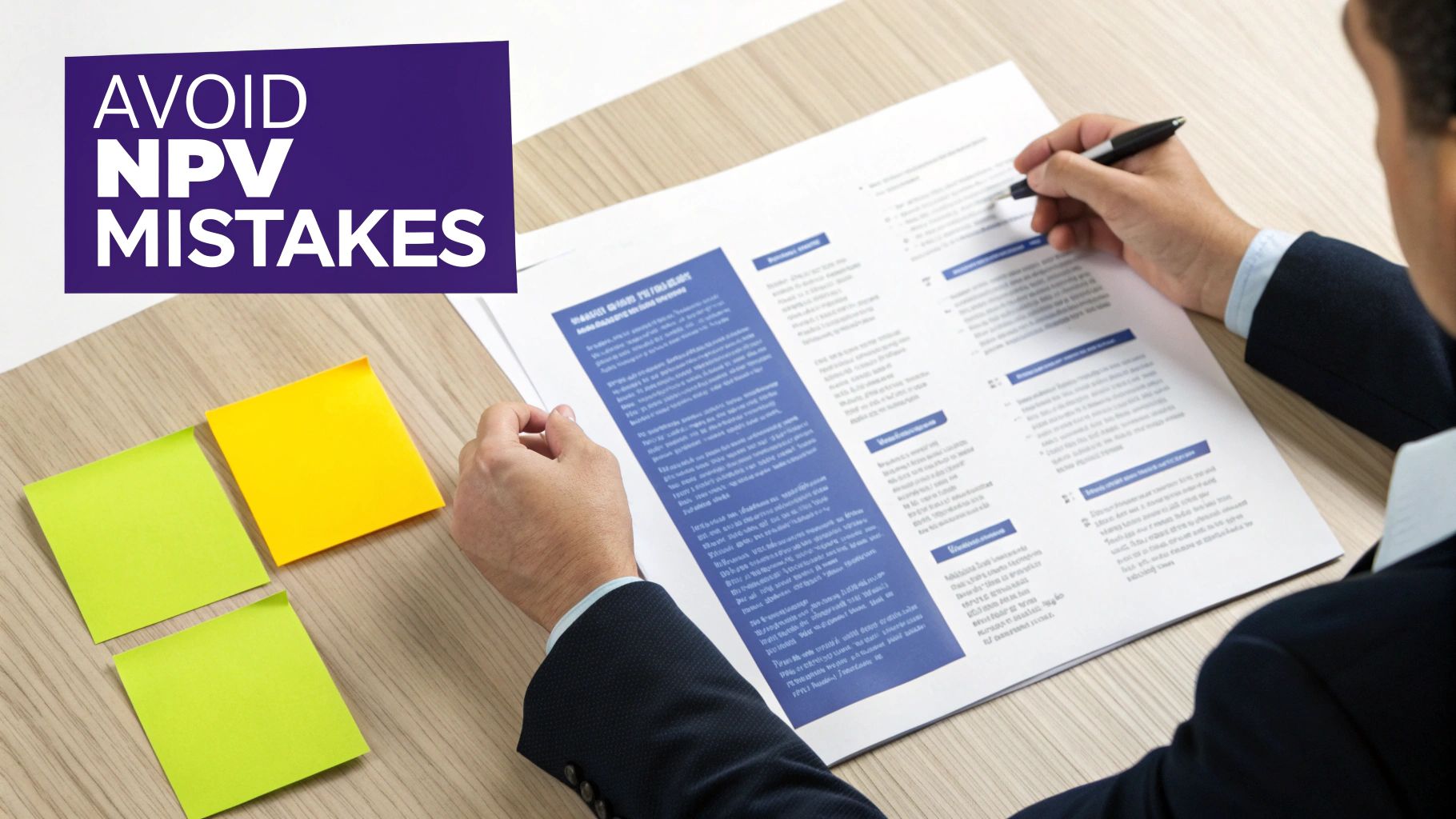 A person in a suit reviews a document titled 'Avoid NPV Mistakes' at a desk with sticky notes.