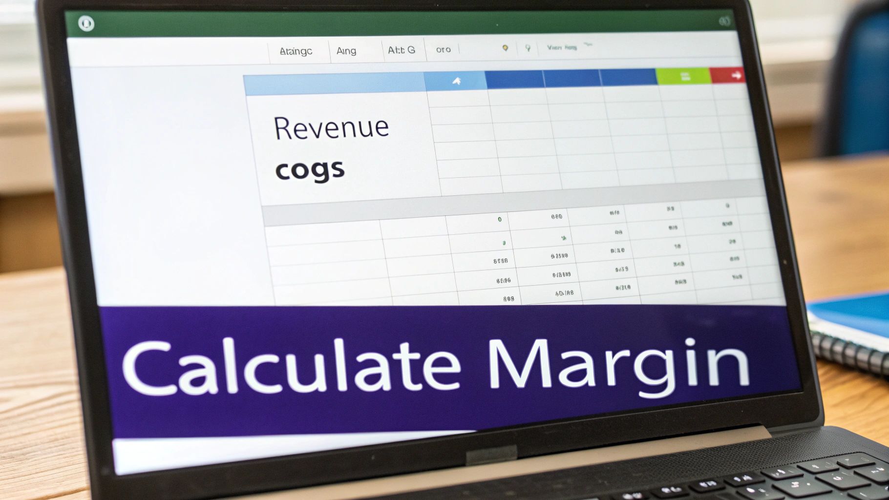 A laptop screen displays a spreadsheet with 'Revenue', 'cogs', and a 'Calculate Margin' banner.