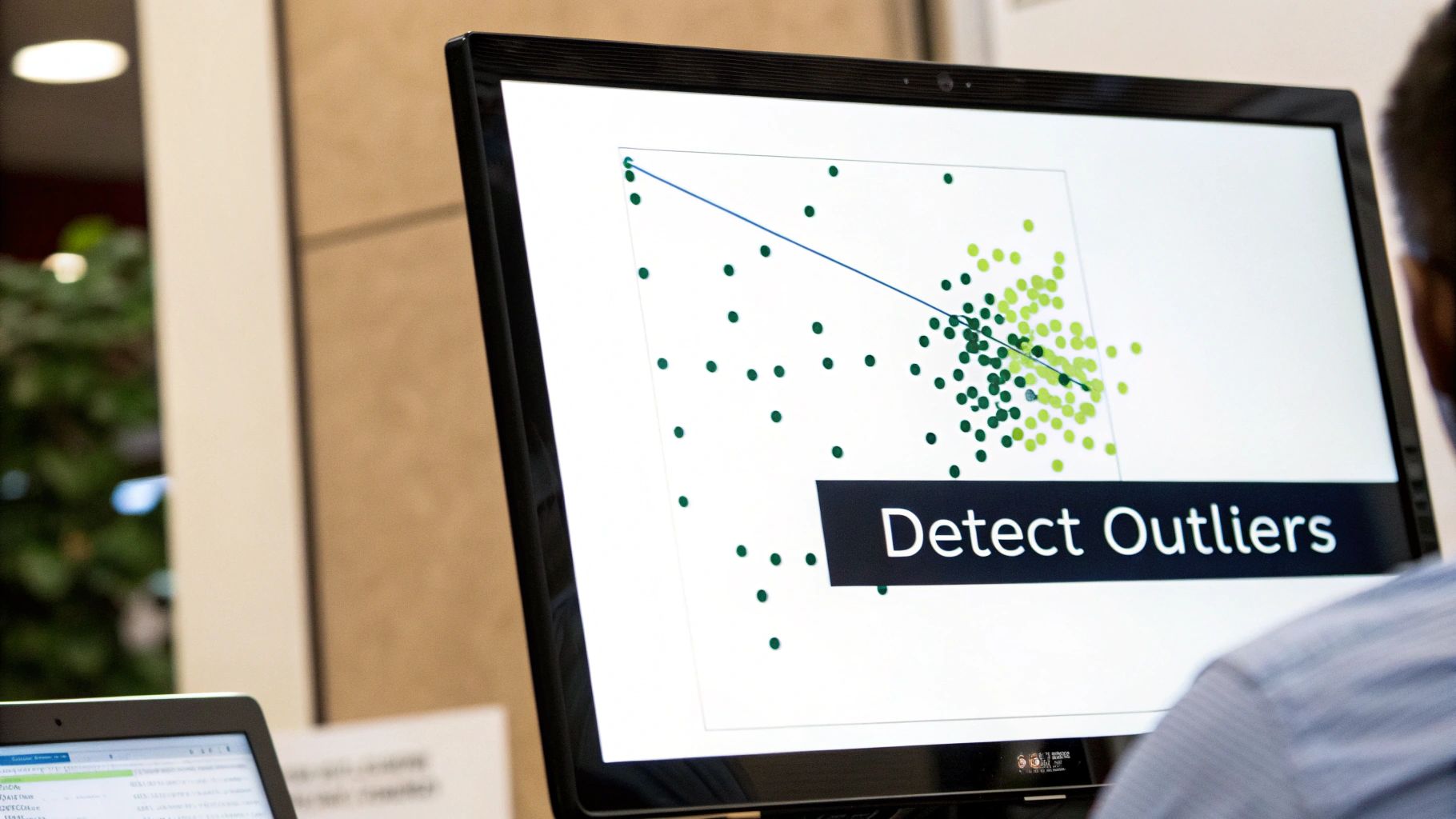 A computer screen displays a scatter plot visualizing data points and the text 'Detect Outliers'.