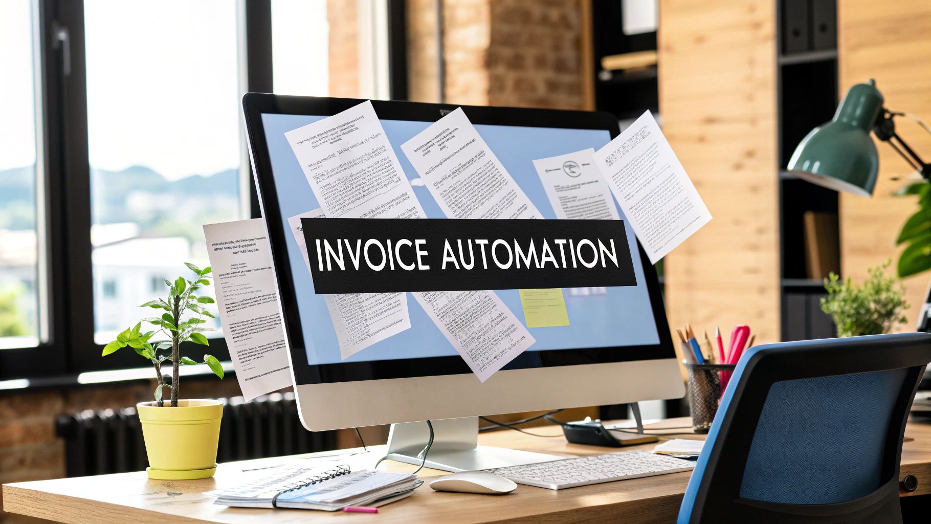 An illustration showing a streamlined, automated invoice processing workflow with gears and digital icons.
