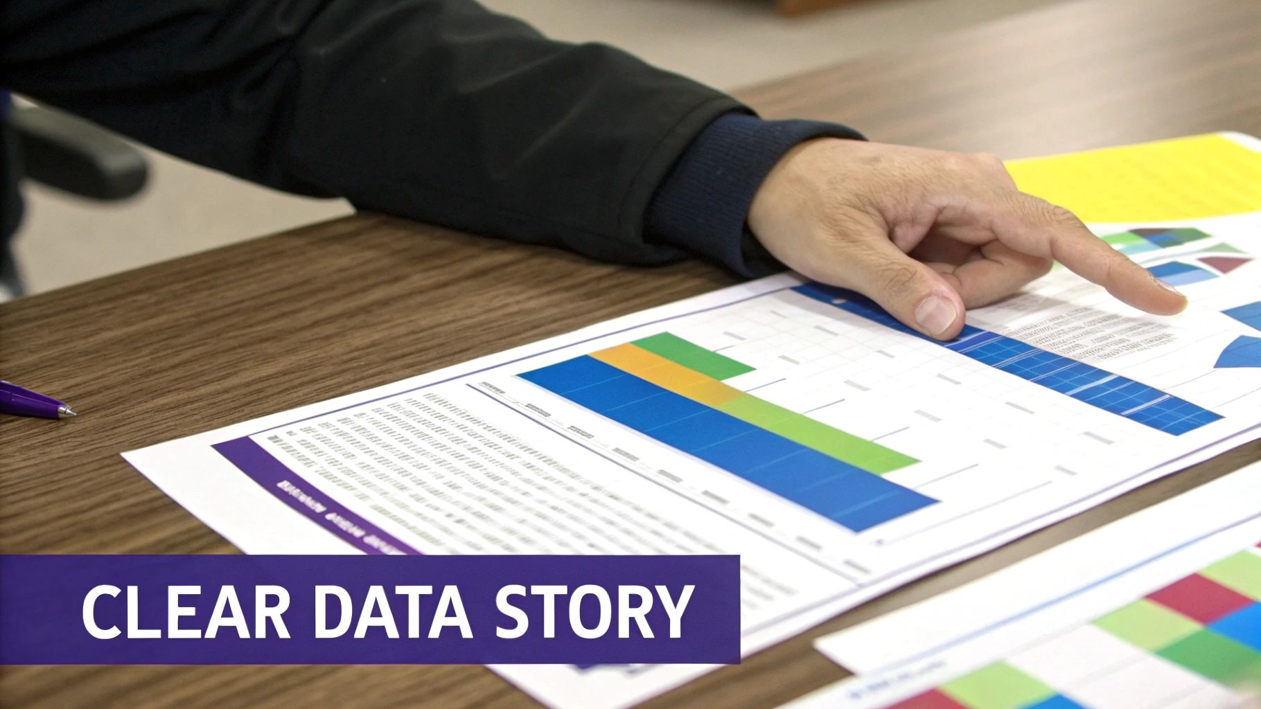 A person's hand points to colorful data charts on a document, illustrating a clear data story.