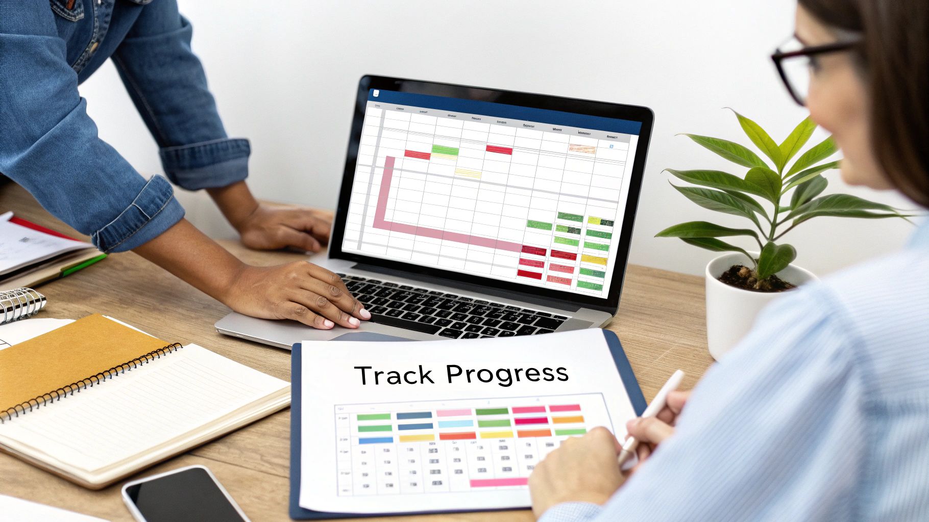 Two people collaborating on project management using laptop and progress tracking chart with colorful timeline