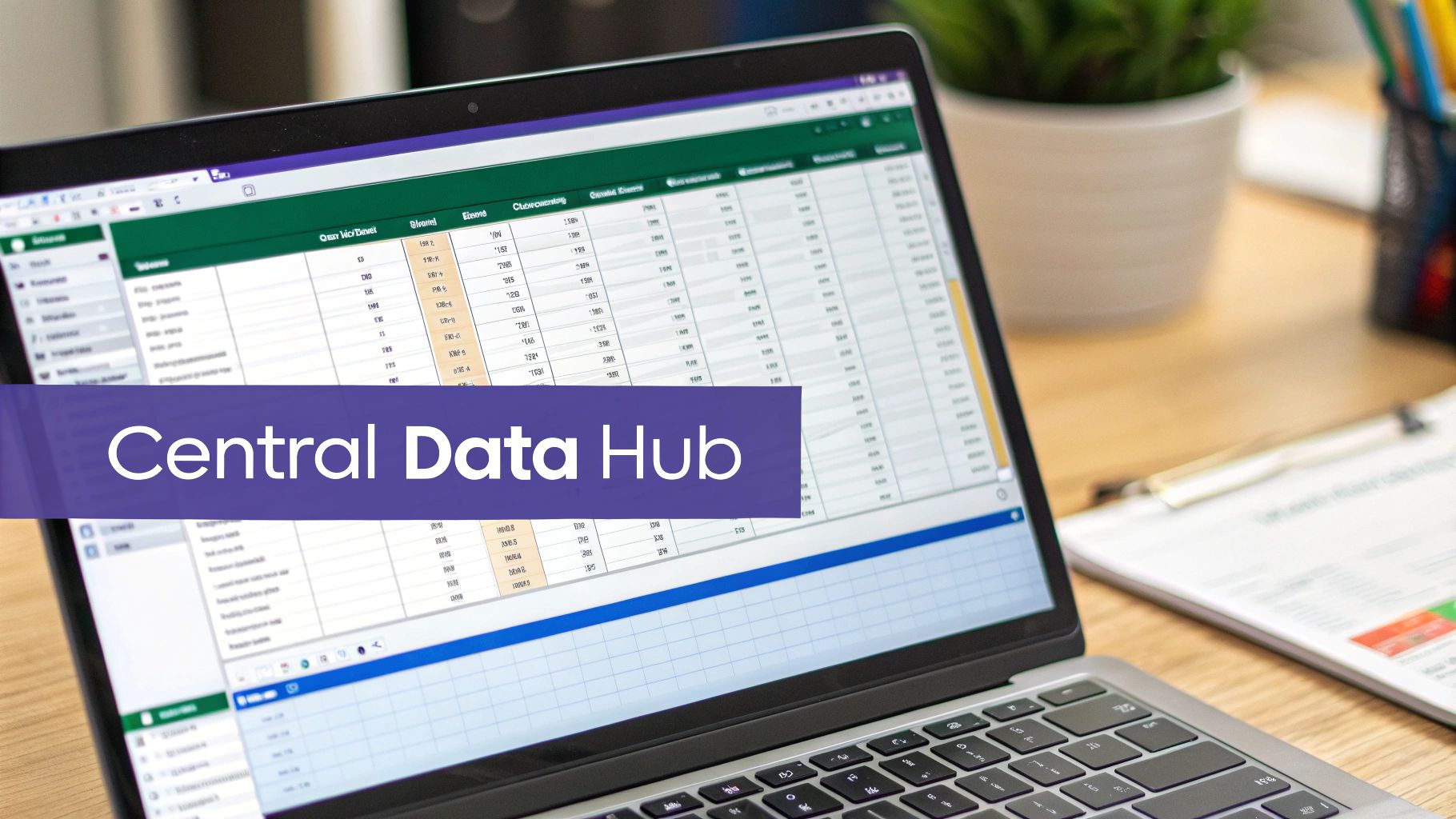 A laptop screen displays a spreadsheet with data, partially covered by a banner reading "Central Data Hub."