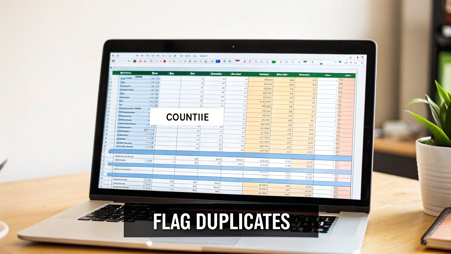 A laptop displays a spreadsheet application with data, highlighting the text 'FLAG DUPLICATES' for data management.