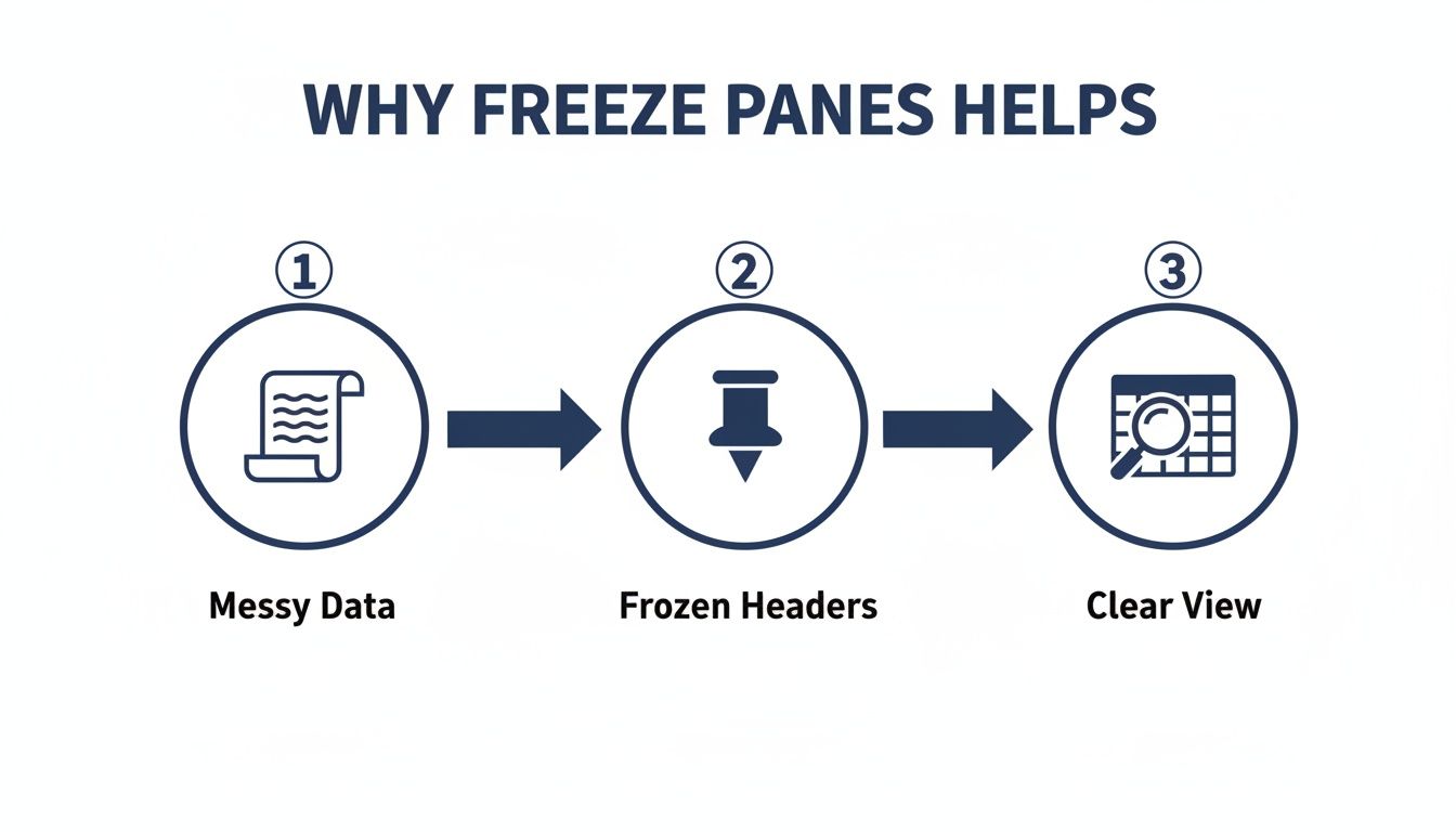 Infographic showing how freezing panes transforms messy data into a clear and organized view.