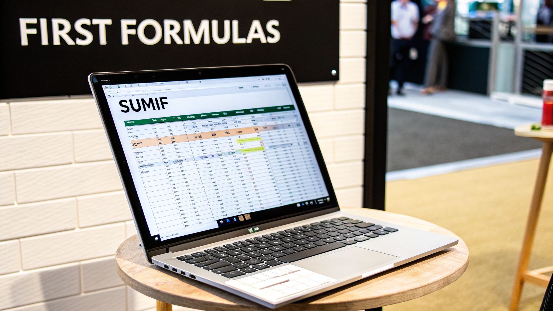 A laptop displaying an Excel SUMIF spreadsheet sits on a wooden table, with a 'FIRST FORMULAS' sign in the background.