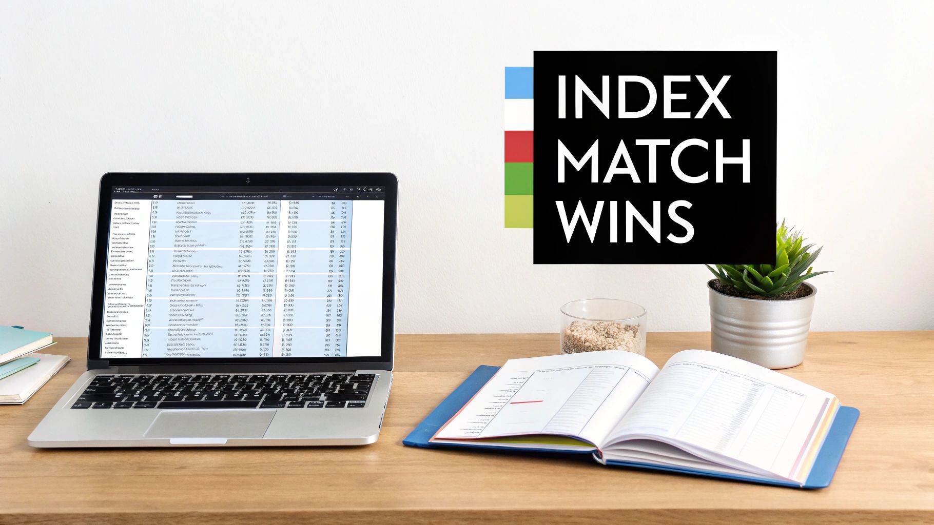 Laptop displaying Excel spreadsheet with INDEX MATCH WINS poster and open notebook on desk